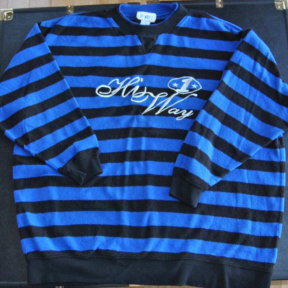 California Hi-Way 1 Black & Blue Striped Large Vintage Crewneck Sweater